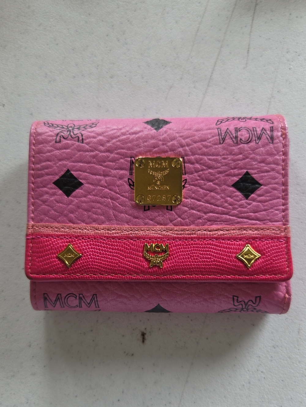 MCM Pink Compact Logo Tri-Fold Wallet with Gold Plaque